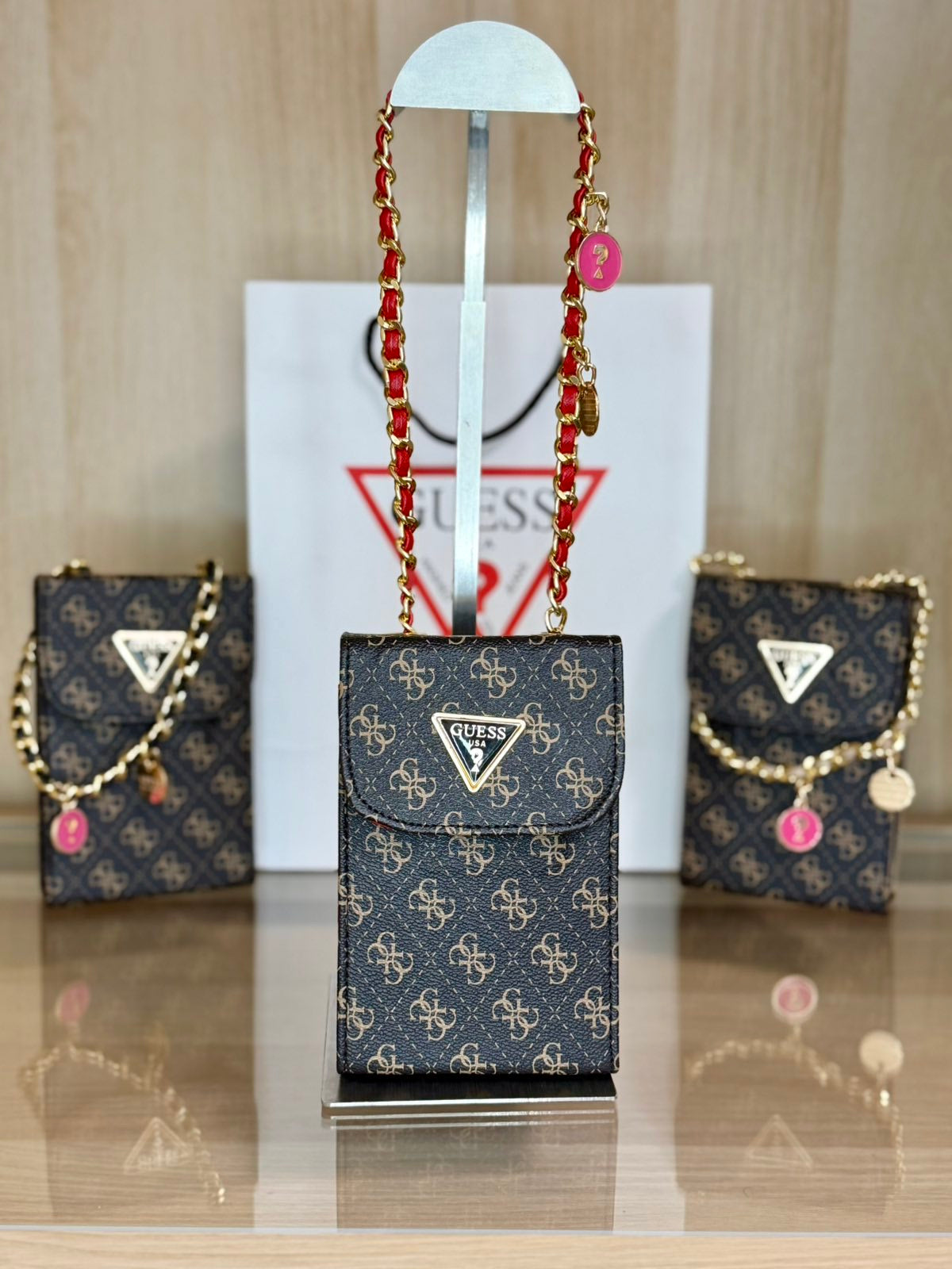 Guess Mini Crossbody – Red Chain Edition (Brown Monogram)