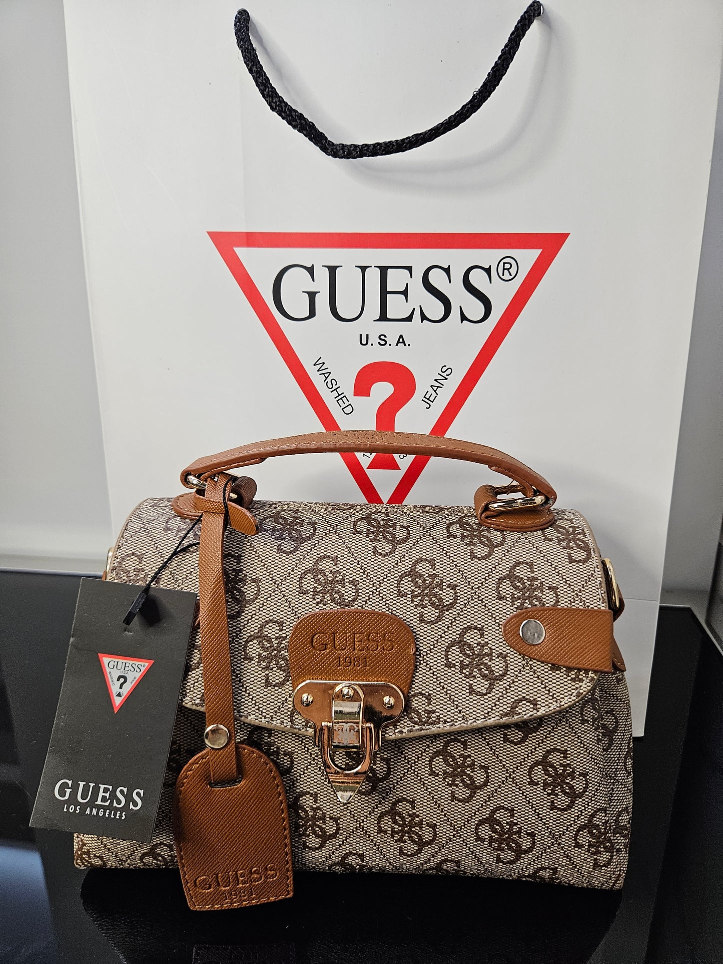 Guess Sestri Mini Satchel – Brown Logo