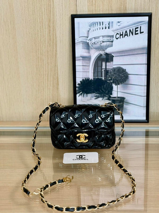 Chanel Mini Classic Patent Quilted Flap – Black & Gold