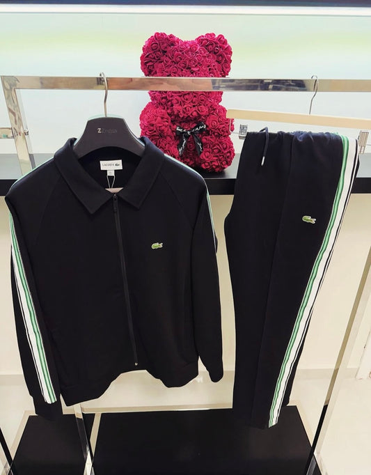 Lacoste Tracksuit – Μαύρο με Πράσινο/Λευκό Ρίγα (Classic Sport Edition)