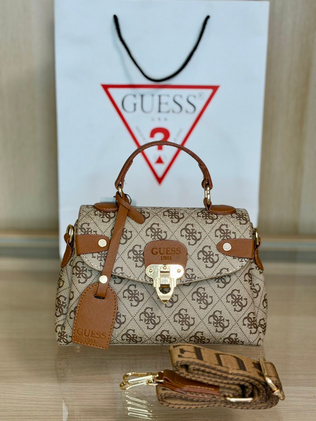 Guess Sestri Mini Satchel – Brown Logo